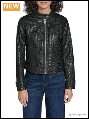 Eyelet Faux Leather Moto Jacket with Zipper Closure